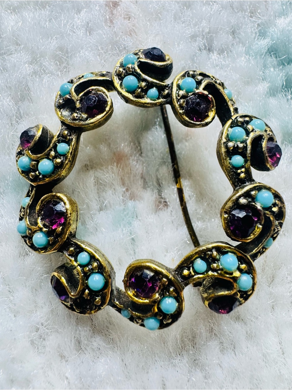 Amethyst & Turqiouse Vintage Wreath Brooch Pin - Picture 2 of 7